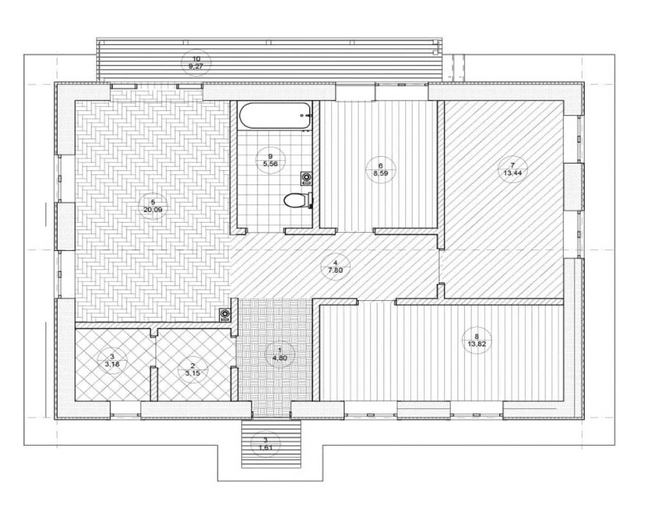 Планировка дома в Шипово: 94 м², кухня-гостиная 20 м², терраса
